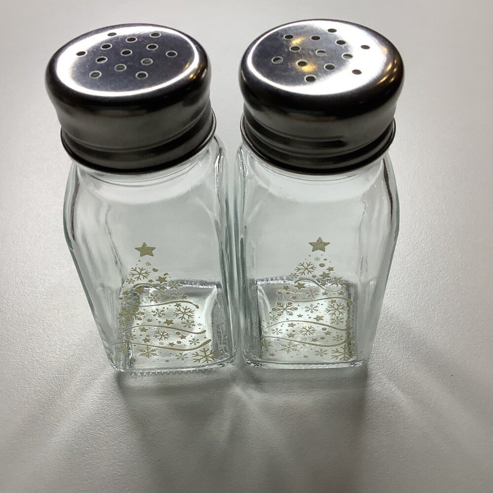 Christmas Gold Tree Design Glass Salt And Pepper Shaker Set. New In Box